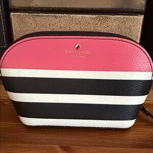 Kate Spade Black and Pink Striped Cosmetic Case